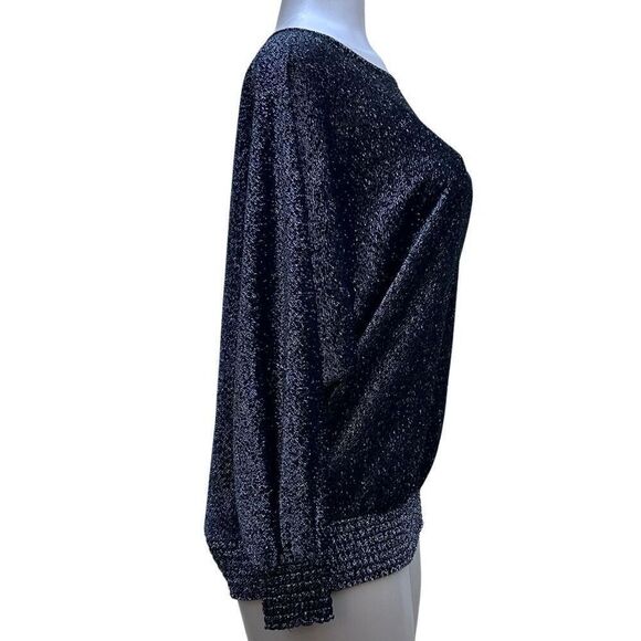 Joanna Sweater Blouse Women's Large Black Sparkly Mylar Blend Smocked Hem - Picture 3 of 16